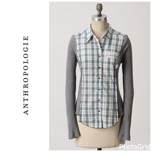 Anthropologie Gray and Green Plaid Button Down Shirt